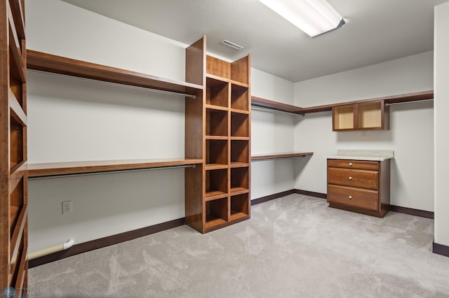 walk in closet featuring built in desk and light colored carpet