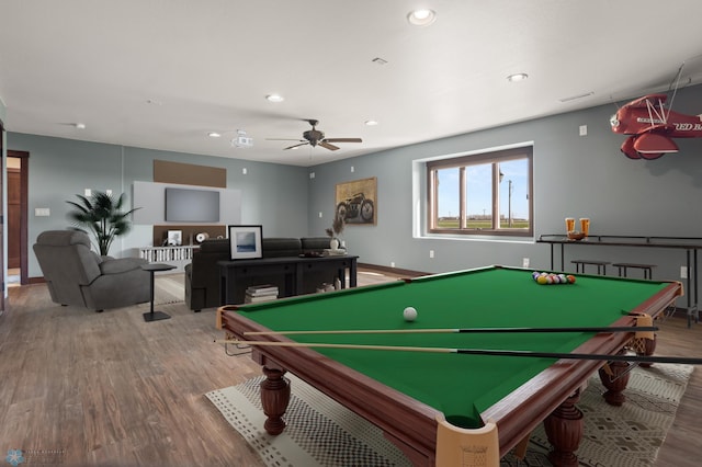 rec room with billiards table, wood finished floors, recessed lighting, baseboards, and a ceiling fan