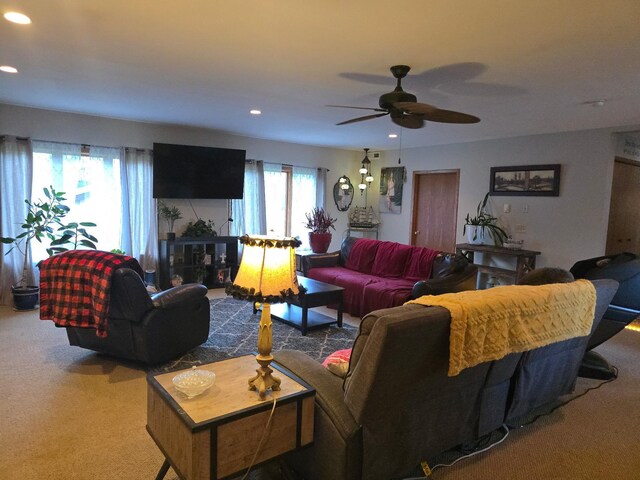 16134 State Highway 1 NE, Thief River Falls, MN 56701 - living room featuring carpet, ceiling fan, and recessed lighting