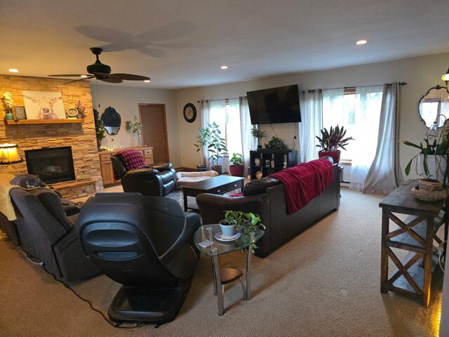 16134 State Highway 1 NE, Thief River Falls, MN 56701 - carpeted living room featuring a ceiling fan, recessed lighting, and a stone fireplace