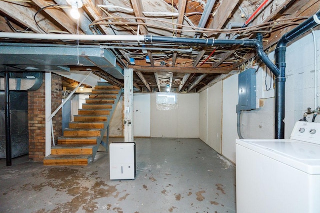 unfinished below grade area with stairs, washer / dryer, and electric panel
