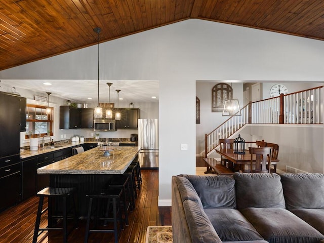 1535 148th Ln NE, Ham Lake, MN 55304 - kitchen with appliances with stainless steel finishes, open floor plan, a chandelier, lofted ceiling, and dark wood-style floors