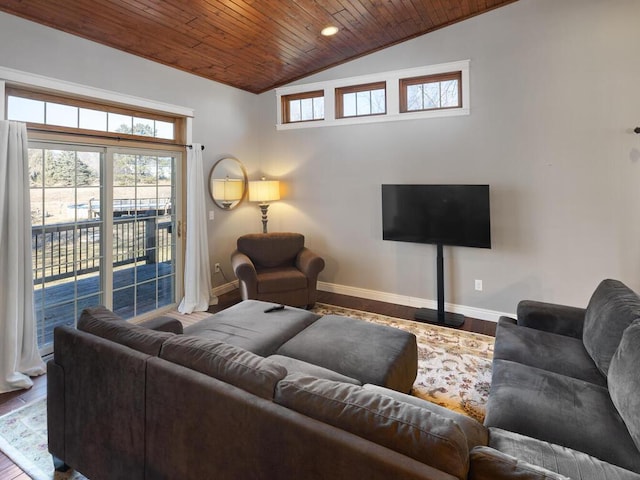 1535 148th Ln NE, Ham Lake, MN 55304 - living area featuring wooden ceiling, baseboards, wood finished floors, and lofted ceiling