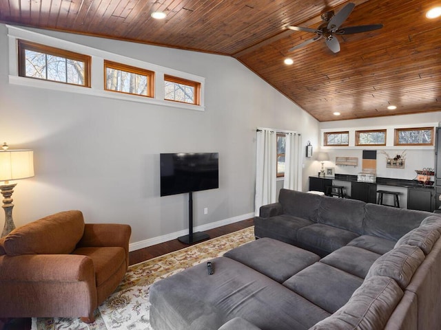 1535 148th Ln NE, Ham Lake, MN 55304 - living room featuring wood ceiling, baseboards, plenty of natural light, a ceiling fan, and wood finished floors