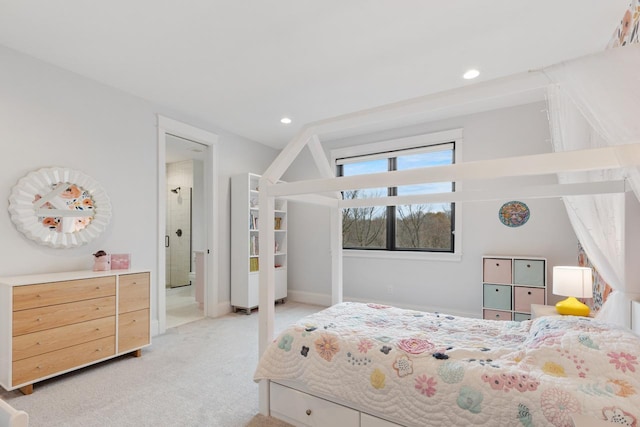 bedroom with baseboards, recessed lighting, and light colored carpet