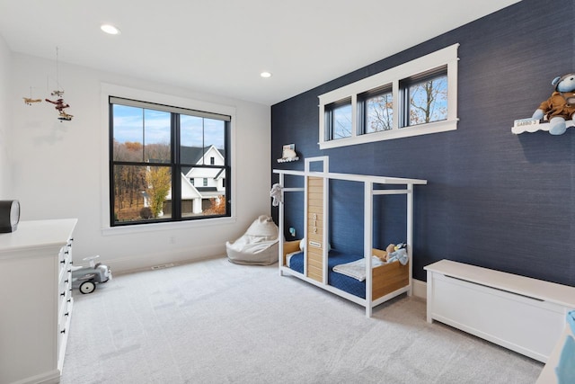 bedroom featuring carpet floors, baseboards, and recessed lighting