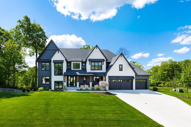 6480 Hawks Pointe Ln, Excelsior, MN 55331 - modern farmhouse with board and batten siding, covered porch, driveway, a front yard, and roof with shingles
