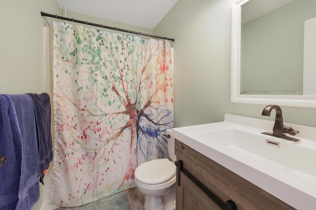 full bath with toilet, vanity, and a shower with curtain