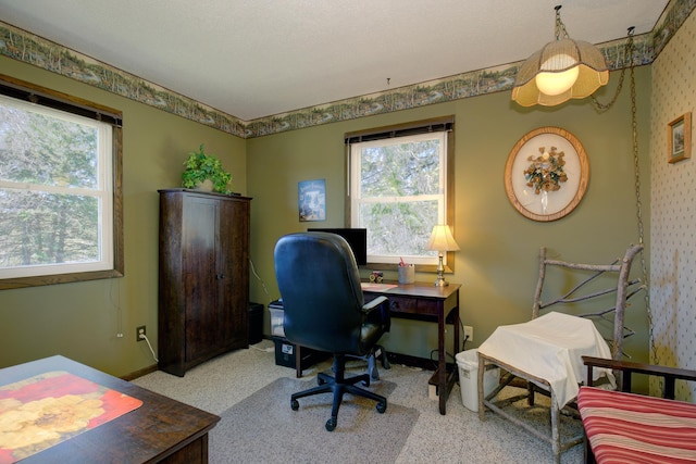 office space with baseboards and light colored carpet