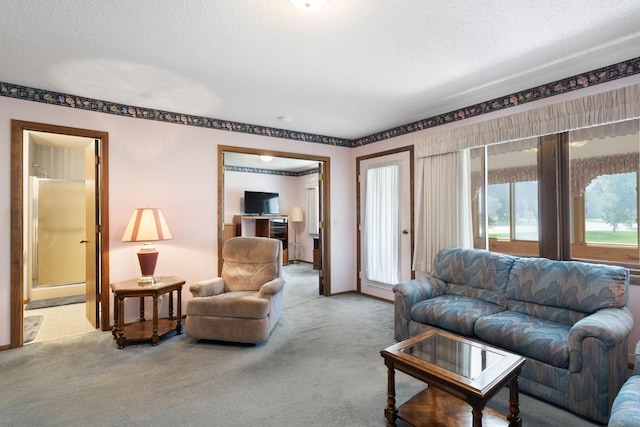 carpeted living room with a textured ceiling and baseboards