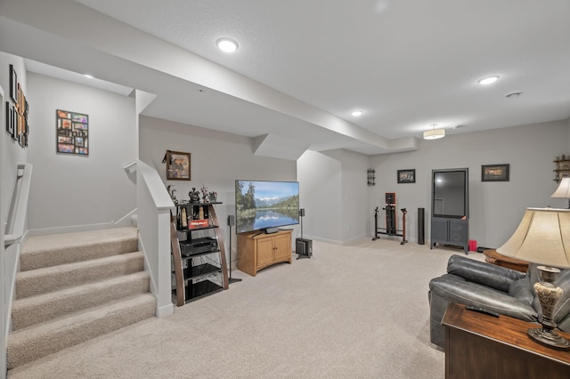 11062 16th St NE, Saint Michael, MN 55376 - living area with light carpet, stairs, baseboards, and recessed lighting