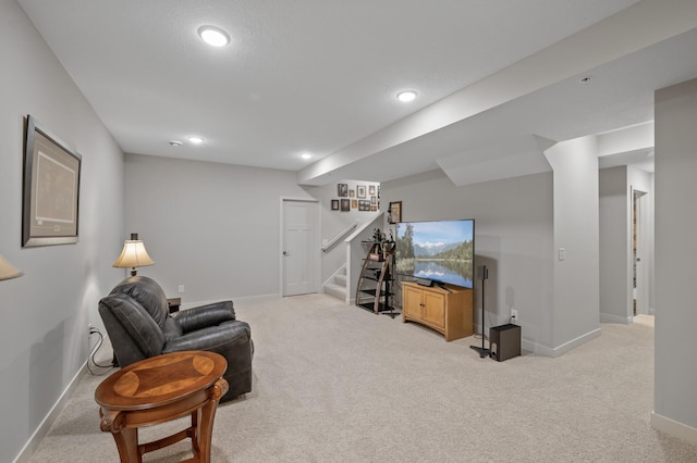 11062 16th St NE, Saint Michael, MN 55376 - living area featuring light carpet, baseboards, stairs, and recessed lighting