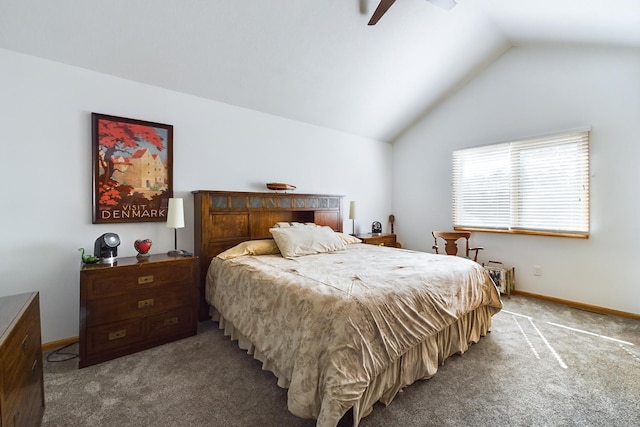 bedroom with carpet floors, vaulted ceiling, baseboards, and ceiling fan