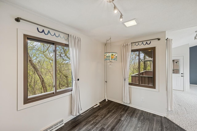 unfurnished dining area with track lighting, a wealth of natural light, baseboards, and dark wood finished floors