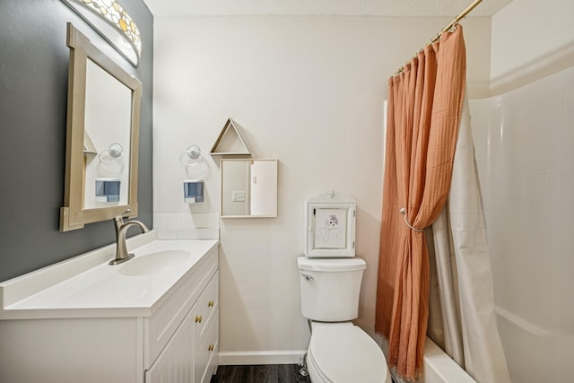 full bath with toilet, baseboards, vanity, shower / bathtub combination with curtain, and wood finished floors