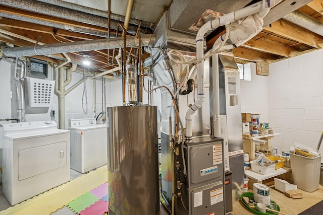 unfinished below grade area with washing machine and dryer and water heater