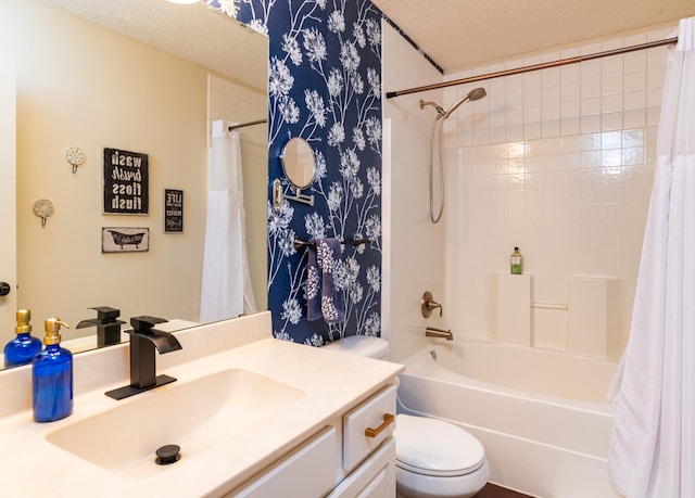 full bath with toilet, a textured ceiling, shower / bath combination with curtain, and vanity