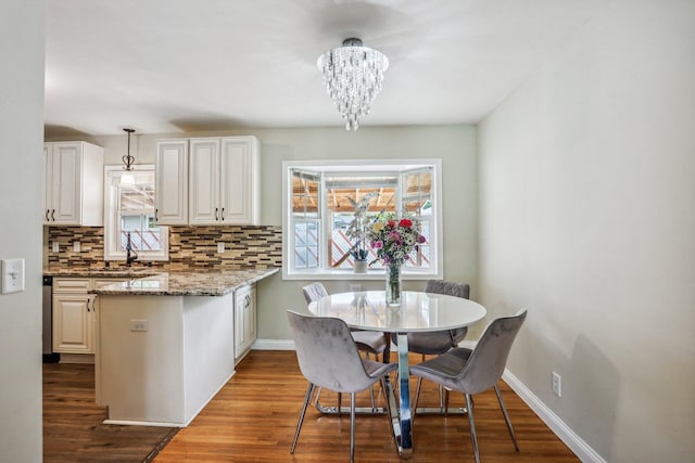 2016 90th St, Bloomington, MN 55431 - dining room with a chandelier, wood finished floors, and baseboards