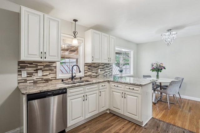 2016 90th St, Bloomington, MN 55431 - kitchen featuring stainless steel dishwasher, a sink, tasteful backsplash, and a peninsula