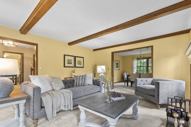 1228 Tamberwood Trl, Woodbury, MN 55125 - living area with beam ceiling, light carpet, and a chandelier
