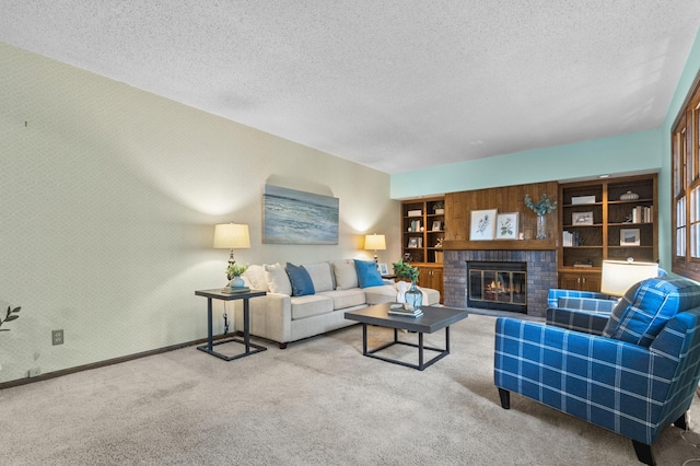 1228 Tamberwood Trl, Woodbury, MN 55125 - carpeted living room with a textured ceiling, a brick fireplace, and baseboards