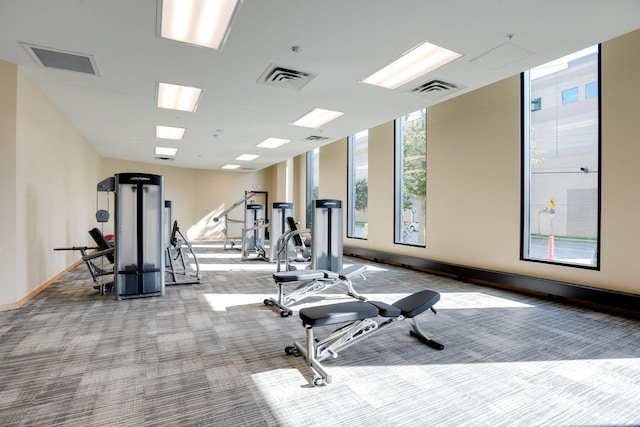exercise room with carpet and baseboards