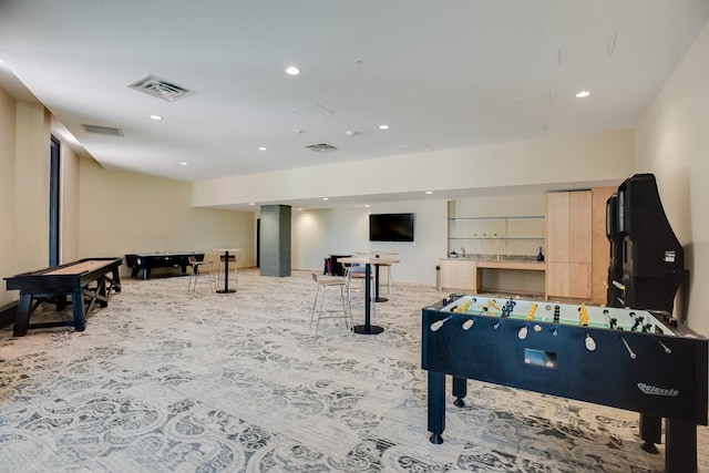 game room featuring recessed lighting and carpet flooring