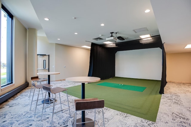 game room featuring golf simulator, recessed lighting, and carpet flooring