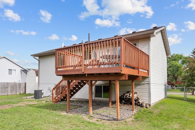5046 Mitchell Rd, Big Lake, MN 55309 - rear view of house with a wooden deck, central AC unit, and stairs