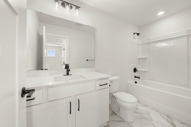6738 Wildflower Way, Minnetrista, MN 55331 - full bathroom featuring toilet, marble finish floors, recessed lighting, vanity, and shower / washtub combination