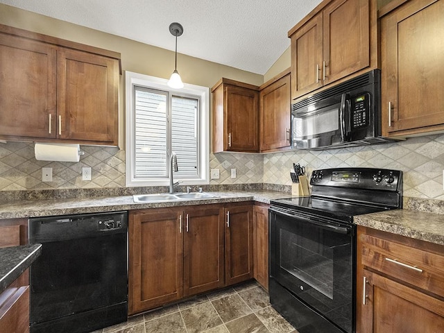9185 Golden Pond Ln N, Monticello, MN 55362 - kitchen with black appliances, a sink, dark countertops, tasteful backsplash, and a textured ceiling