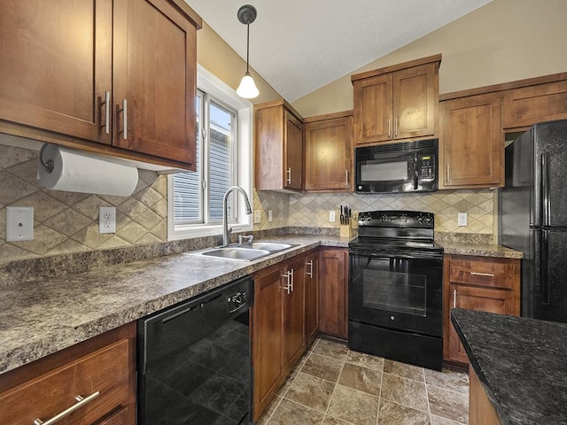 9185 Golden Pond Ln N, Monticello, MN 55362 - kitchen featuring black appliances, a sink, vaulted ceiling, hanging light fixtures, and tasteful backsplash