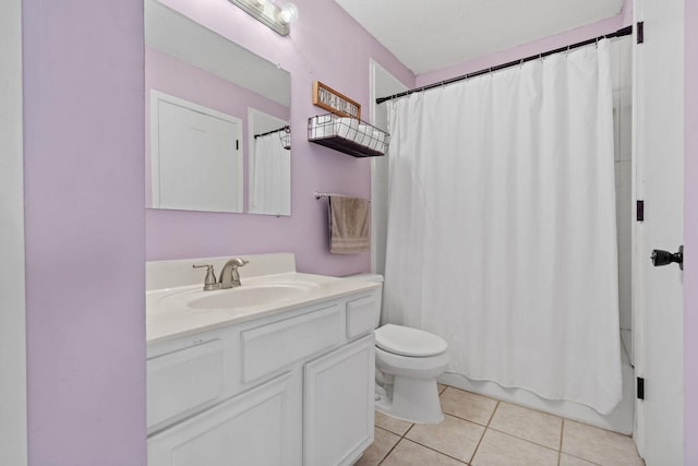 full bathroom featuring vanity, toilet, shower / tub combo, and tile patterned floors