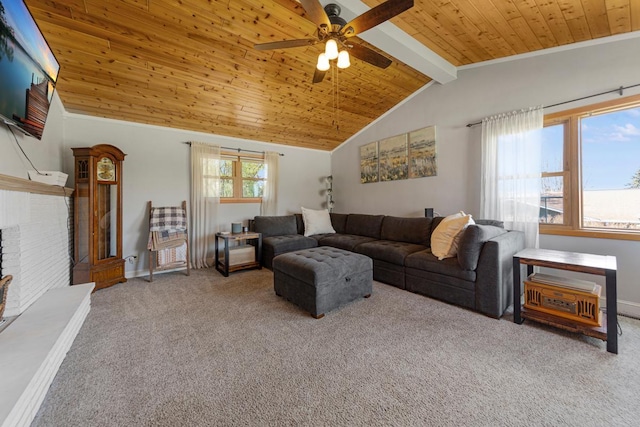 carpeted living room featuring wood ceiling, baseboards, a ceiling fan, and vaulted ceiling with beams