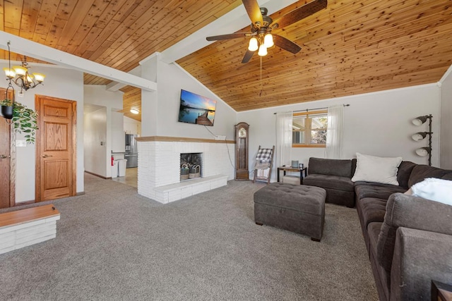 carpeted living room with wooden ceiling, ceiling fan, high vaulted ceiling, and beam ceiling