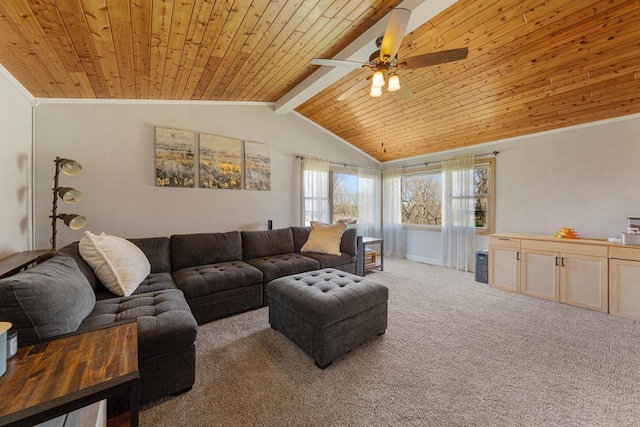 carpeted living room featuring ceiling fan, wood ceiling, and lofted ceiling with beams