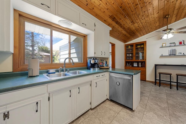 kitchen featuring wooden ceiling, stainless steel dishwasher, a sink, vaulted ceiling, and dark countertops