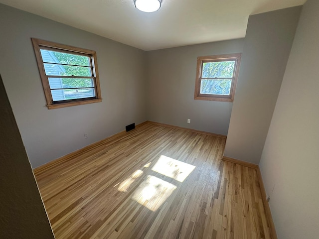 empty room with plenty of natural light, light wood-style flooring, and baseboards