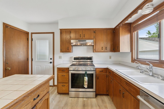 3697 75th St E, Inver Grove Heights, MN 55076 - kitchen with appliances with stainless steel finishes, a sink, under cabinet range hood, light wood-style floors, and brown cabinets
