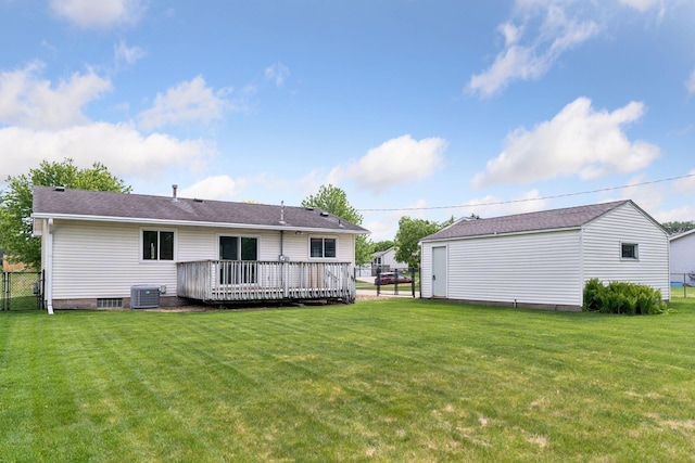 3697 75th St E, Inver Grove Heights, MN 55076 - rear view of house with a wooden deck, central air condition unit, and a gate