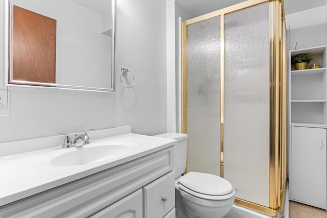 full bath with a shower stall, vanity, and toilet
