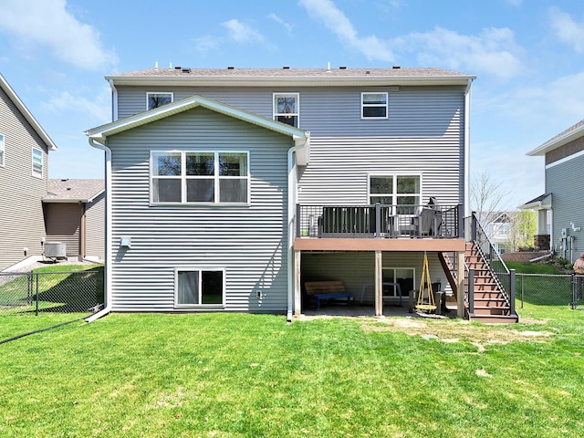 rear view of property with stairs, a deck, and cooling unit