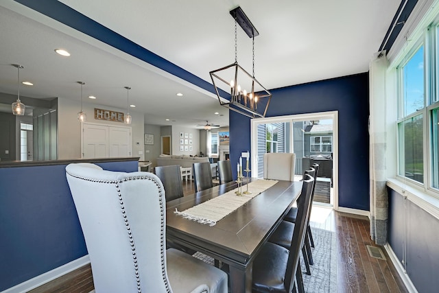 dining area featuring ceiling fan, dark wood-type flooring, recessed lighting, and baseboards