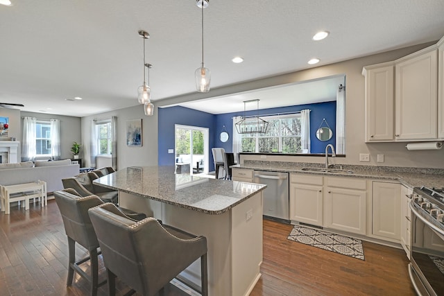 kitchen featuring stainless steel appliances, a sink, open floor plan, dark wood-style flooring, and a kitchen island