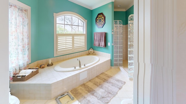 2704 Campus Ln, Albert Lea, MN 56007 - full bath with crown molding, a bath, tile patterned flooring, a tile shower, and toilet