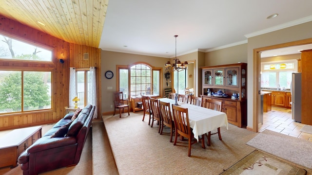 2704 Campus Ln, Albert Lea, MN 56007 - dining space with a chandelier, healthy amount of natural light, wood walls, baseboards, and light colored carpet