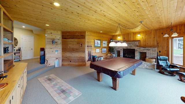 2704 Campus Ln, Albert Lea, MN 56007 - playroom featuring wood walls, carpet flooring, wood ceiling, pool table, and recessed lighting