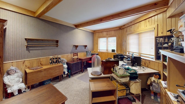 2704 Campus Ln, Albert Lea, MN 56007 - office with beam ceiling, wooden walls, wainscoting, and carpet flooring