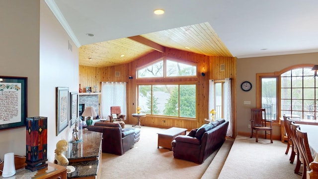2704 Campus Ln, Albert Lea, MN 56007 - living room featuring wooden walls, carpet, ornamental molding, baseboards, and recessed lighting