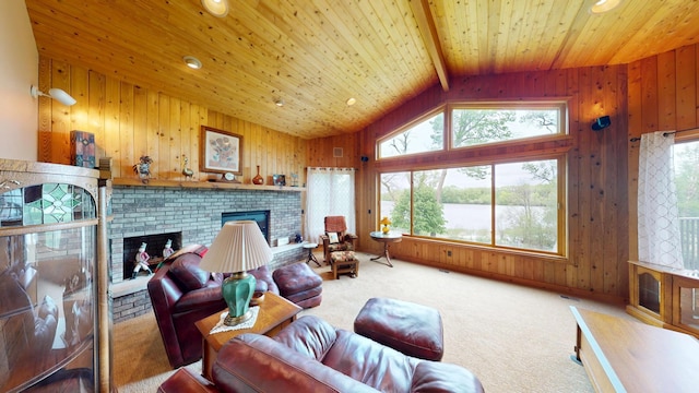 2704 Campus Ln, Albert Lea, MN 56007 - living room featuring a fireplace, carpet, wooden walls, a water view, and wood ceiling